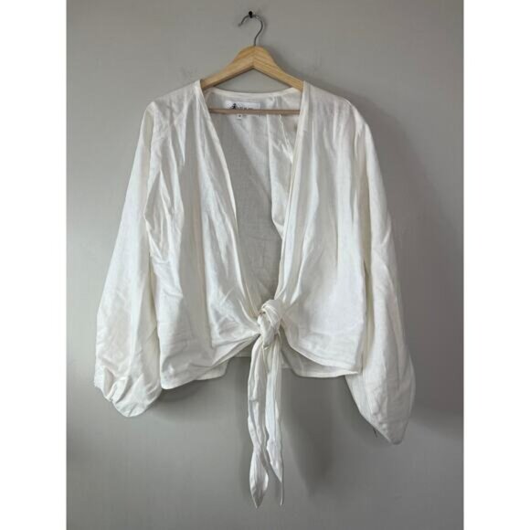 NEW Just Bee Queen Adri Tie Front V-Neck Banded Cuff Balloon Sleeve Top White - Picture 2 of 7